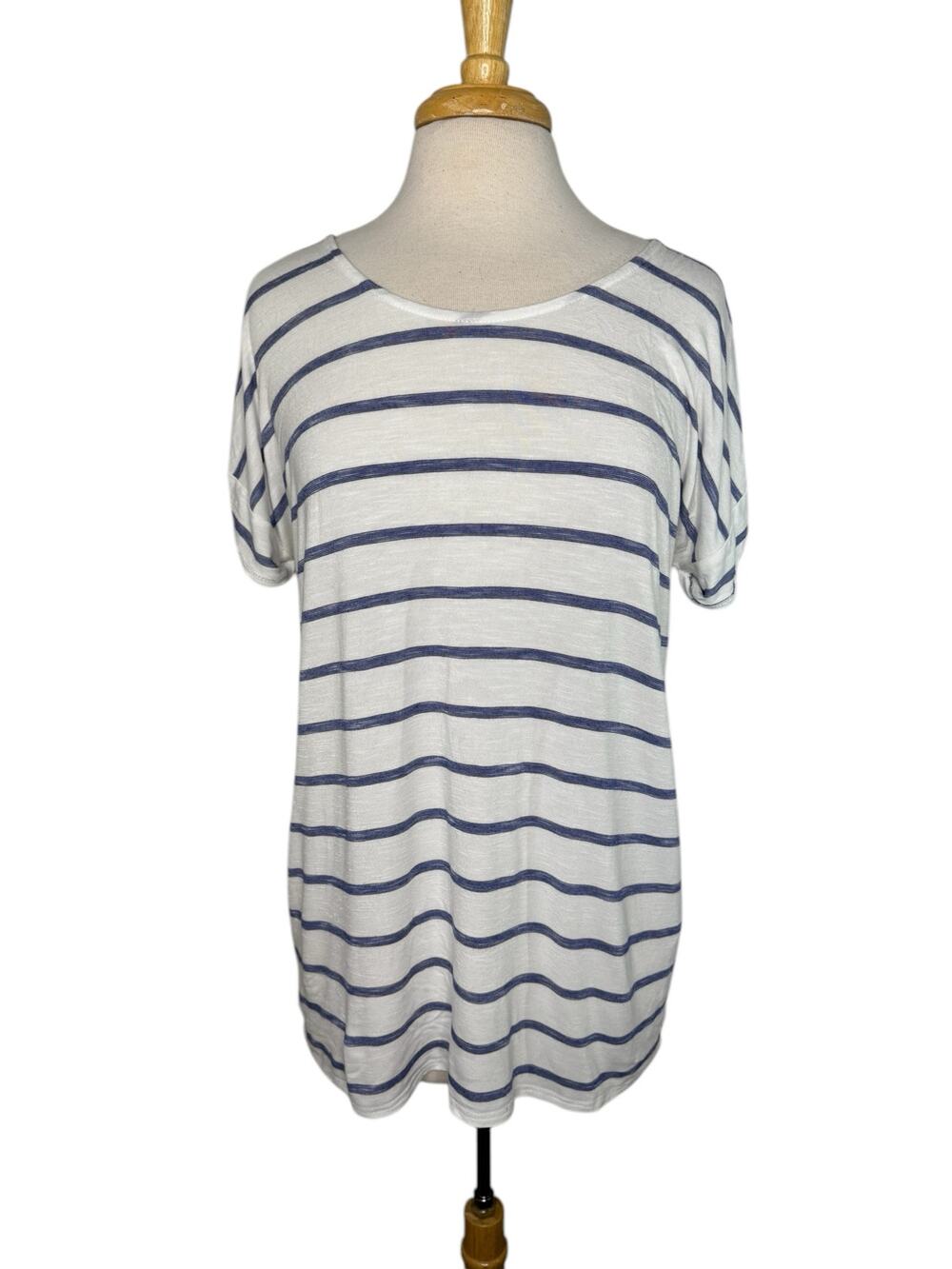 CHICOS Cross Back Rayon Jersey Blue White Stripe Short Sleeve Tee Size Medium 1